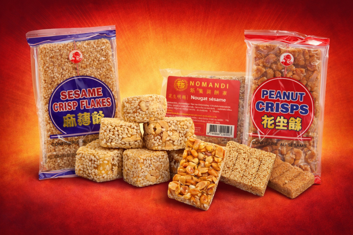 Nougat chinois croustillant au sésame et cacahuète disponible dans toutes les épiceries asiatiques de France.