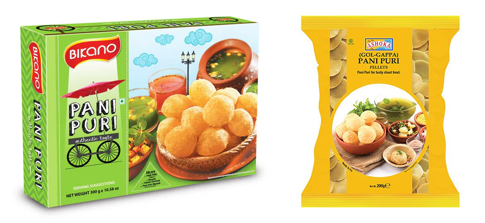 Boîtes et sachets de pani puri prêts à garnir – coques croustillantes indiennes utilisées pour street food traditionnelle avec sauces épicées et légumes